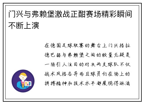 门兴与弗赖堡激战正酣赛场精彩瞬间不断上演